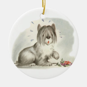 Sheepdog Puppy with Pink Flower Ceramic Tree Decoration