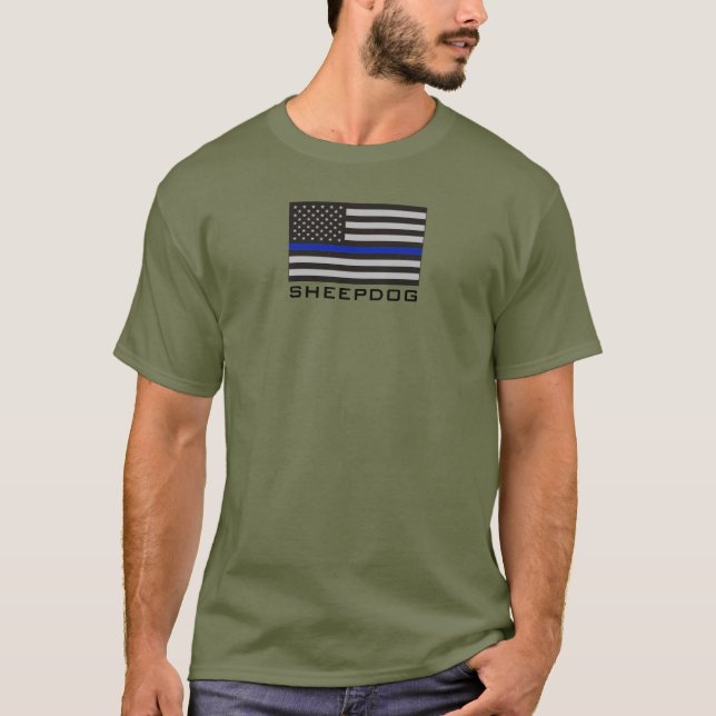 SHEEPDOG with THIN BLUE LINE AMERICAN FLAG T-Shirt (Front)