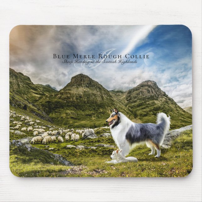 Sheepherding Blue Merle Rough Collie, Personalised Mouse Mat (Front)
