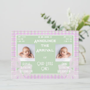Sheer Twin Pink bows Green Plaid baby Girls birth  Invitation