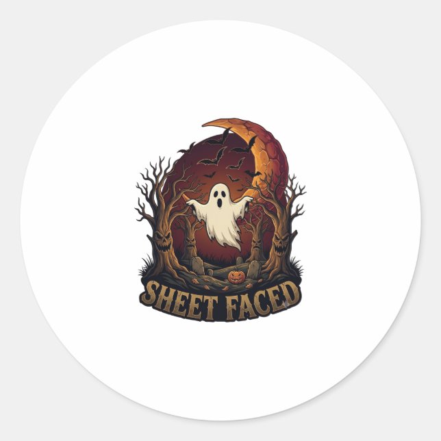 Sheet Faced Ghost Halloween Spooky Trees Moon_1 Classic Round Sticker (Front)