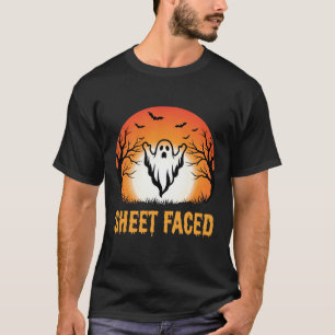 Sheet Faced Halloween Ghost Sunset Design T-Shirt