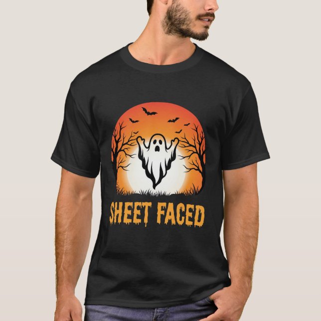 Sheet Faced Halloween Ghost Sunset Design T-Shirt (Front)