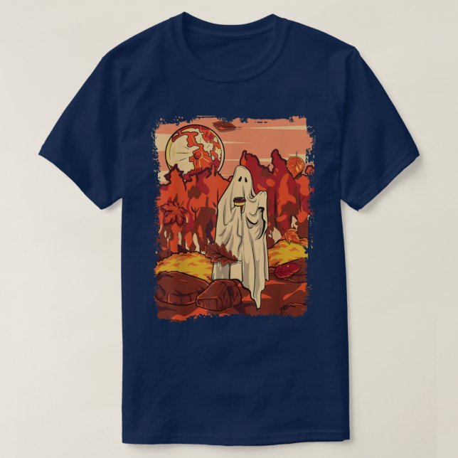 Sheet Ghost Coffee Autumn Leaves Fall Season Cosy  T-Shirt (Design Front)