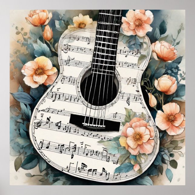 Sheet Music Acoustic Guitar In Peach Flowers Poster (Front)