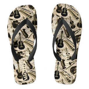 Sheet Music and Instruments Black/Gold ID481 Flip Flops