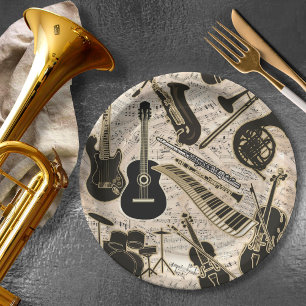 Sheet Music and Instruments Black/Gold ID481  Paper Plate