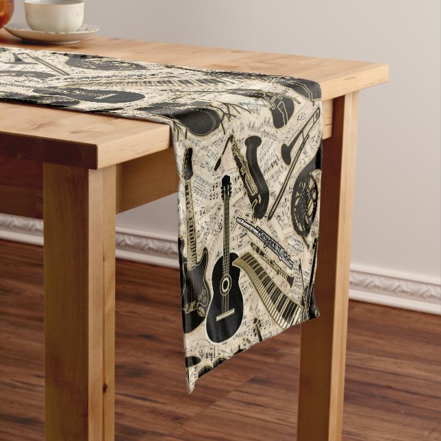 Sheet Music and Instruments Black/Gold ID481 Short Table Runner (In Situ)