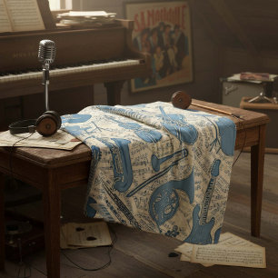 Sheet Music and Instruments Blue/Ivory ID481 Fleece Blanket