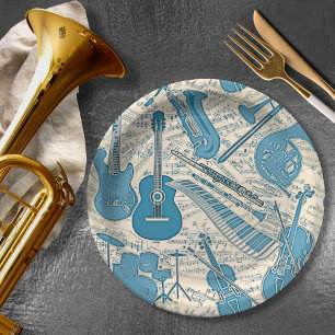 Sheet Music and Instruments Blue/Ivory ID481 Paper Plate