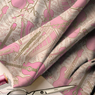 Sheet Music and Instruments Pink/Ivory ID481 Fabric