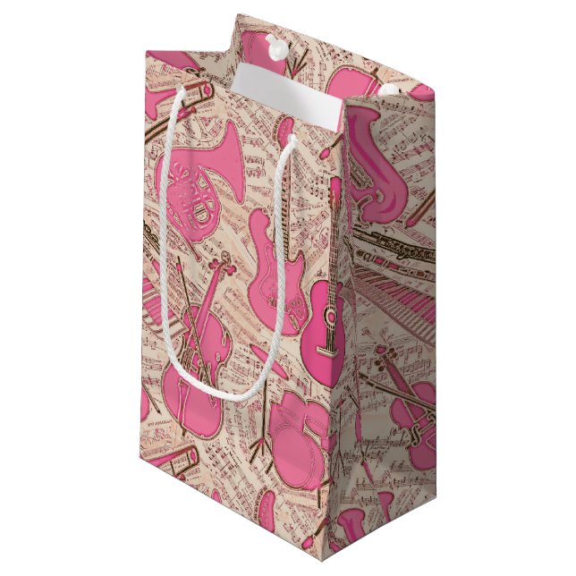 Sheet Music and Instruments Pink/Ivory ID481 Small Gift Bag (Front Angled)