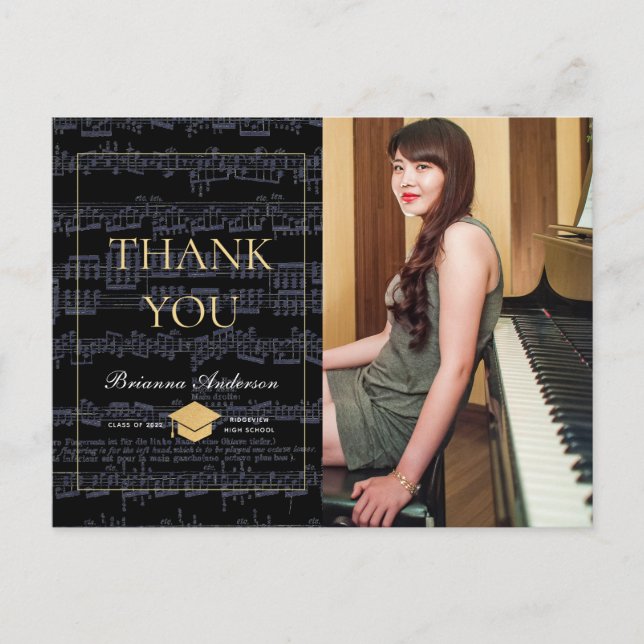 Sheet Music Black & Gold Photo Thank You Announcement Postcard (Front)