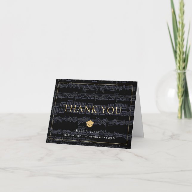 Sheet Music Black & Gold Photo Thank You Card (Front)