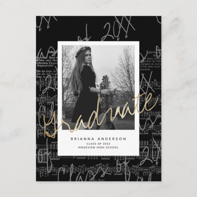 Sheet Music Black Photo Graduation Announcement Postcard (Front)