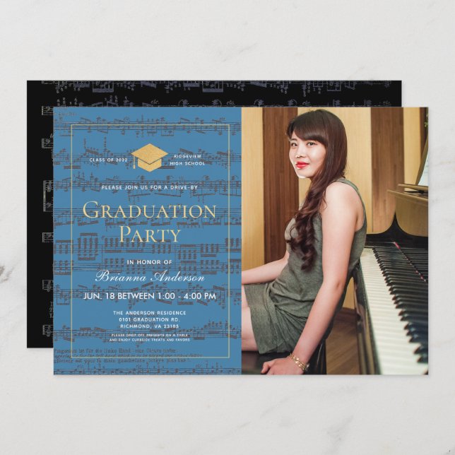 Sheet Music Blue Gold Photo Drive-by Graduation Invitation (Front/Back)