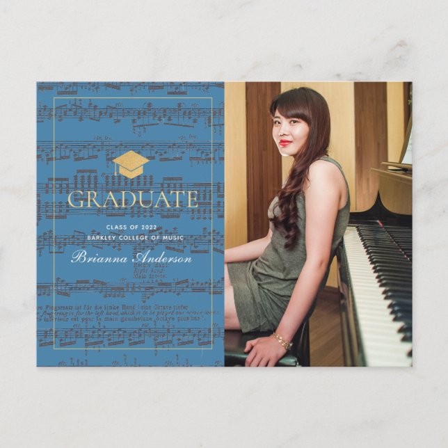 Sheet Music Blue Photo Graduation Announcement Postcard (Front)