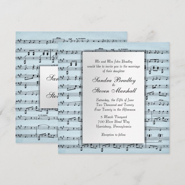 Sheet Music Blue Wedding Invitation (Front/Back)