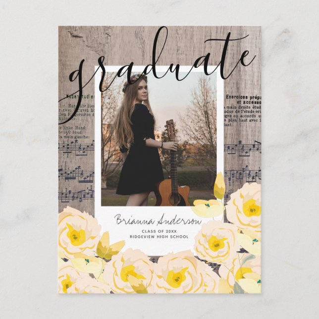 Sheet Music Boho Floral Wood Photo Graduation Announcement Postcard (Front)