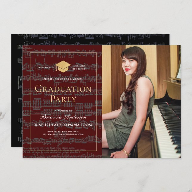 Sheet Music Burgundy Photo Virtual Graduation Invitation (Front/Back)