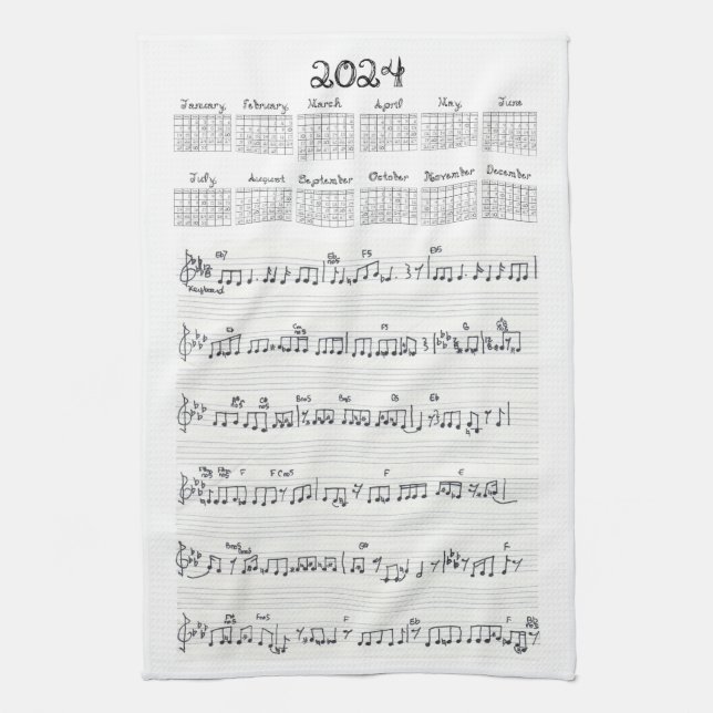 Sheet Music Fabric Font 2024 Calendar Tea Towel (Vertical)
