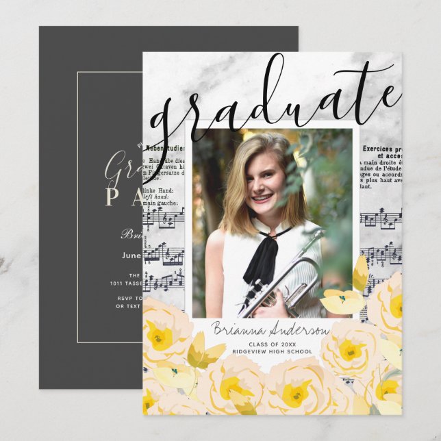Sheet Music Floral Marble  Photo Graduation Invitation (Front/Back)
