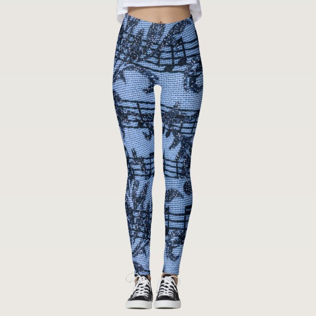 Sheet Music Flourishes Denim-Look Blue on Blue Leggings (Front)