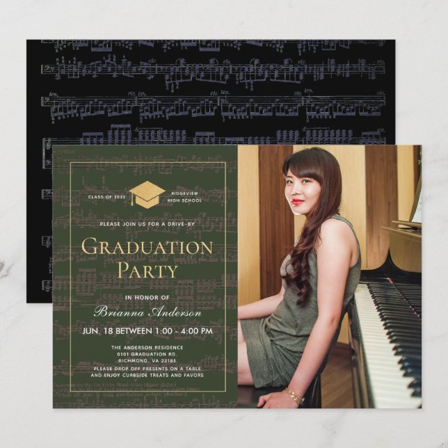 Sheet Music Green Gold Photo Drive-by Graduation Invitation (Front/Back)