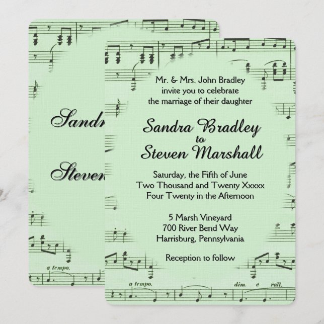 Sheet Music Green Wedding Invitation (Front/Back)
