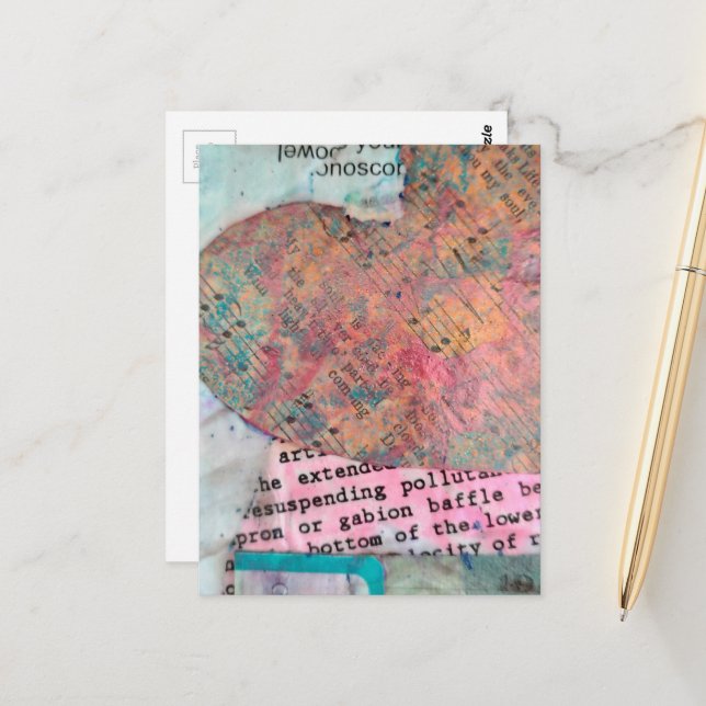 Sheet Music Heart Mixed Media Collage Postcard (Front/Back In Situ)