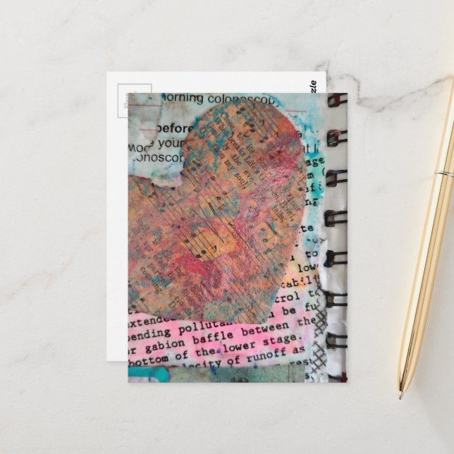 Sheet Music Heart Mixed Media Collage Postcard (Front/Back In Situ)