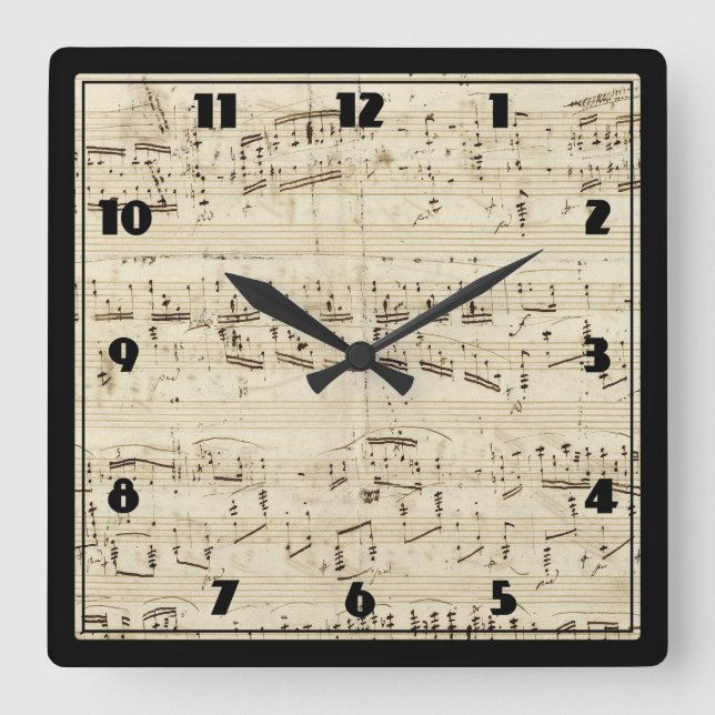 Sheet Music on Parchment Handwritten in Ink Square Wall Clock (Front)