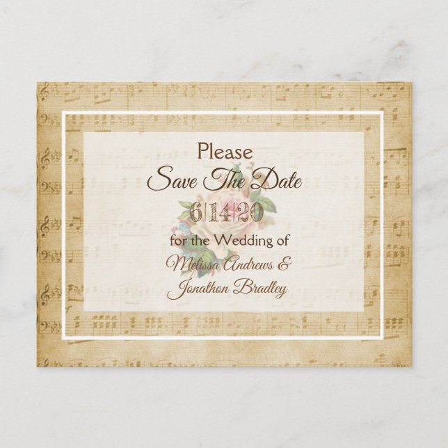 Sheet Music Pink rose Save the Date  Postcard (Front)