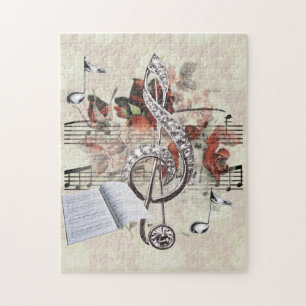 Sheet Music & Roses Silver Music Notes Jigsaw Puzzle