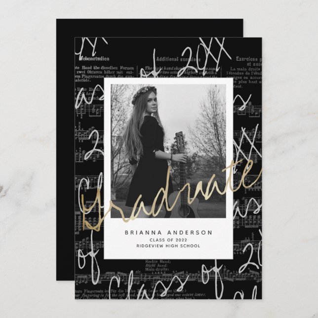 Sheet Music Script Black Photo Drive-by Graduation Invitation (Front/Back)