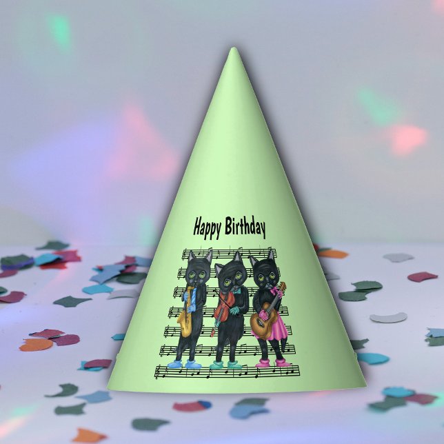 Sheet Music Three Black Cat Musicians Green Eyes Party Hat (Musical black cats instruments on sheet of music notes on green Happy Birthday paper party hat.)