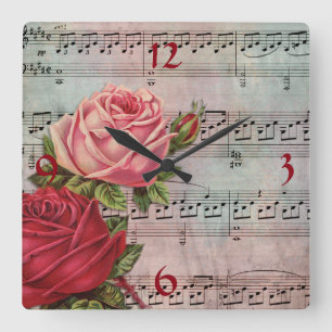 Sheet Music with Roses Wall Clock