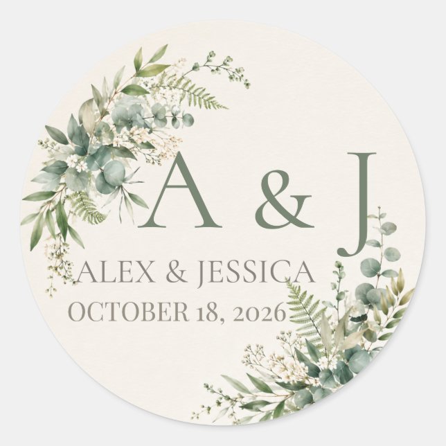 Sheet:Personalised Botanical Greenery Wedding  Classic Round Sticker (Front)