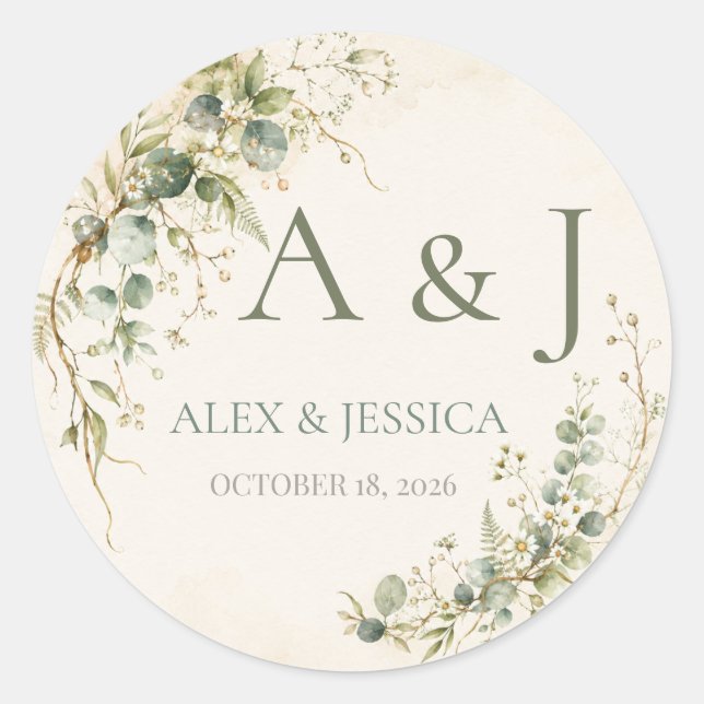 Sheet:Personalised Rustic Botanical Wedding  Classic Round Sticker (Front)