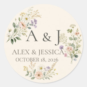 Sheet:Personalised Watercolor Wildflower Wedding  Classic Round Sticker