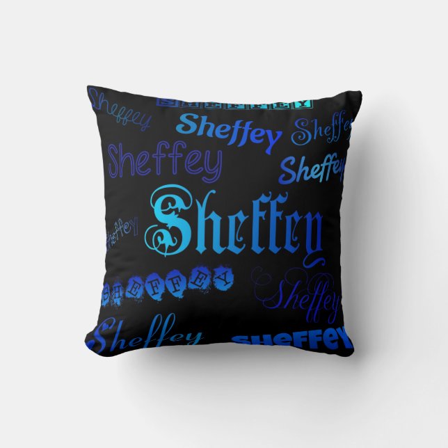 Sheffey Fonts - Blue on Black throw pillow (Front)