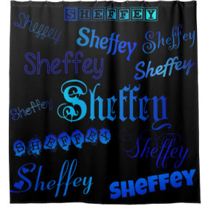 Sheffey Fonts - Shades of Blue on Black shower Curtain