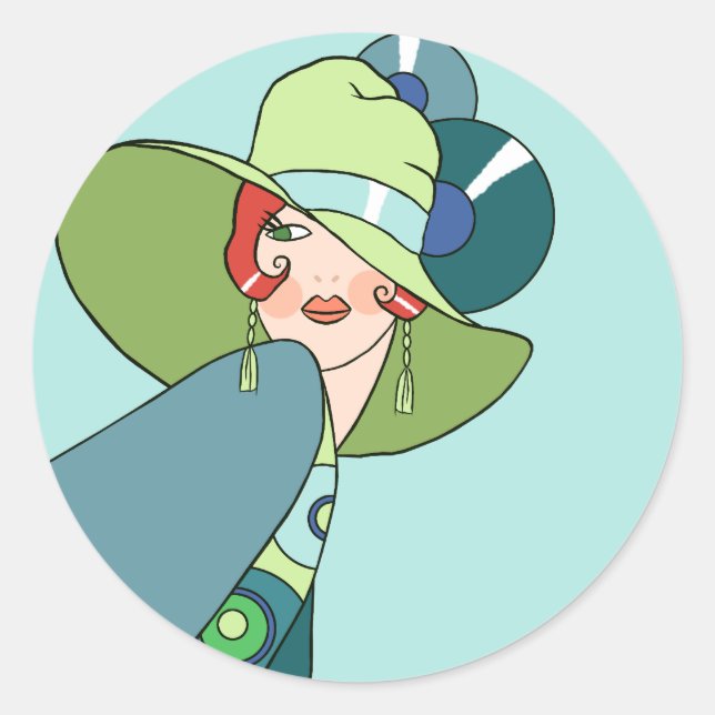 Shelby, 1920s Lady in Aqua and Teal Classic Round Sticker (Front)