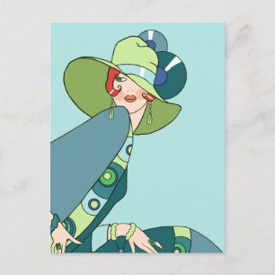 Shelby, 1920s Lady in Aqua and Teal Postcard