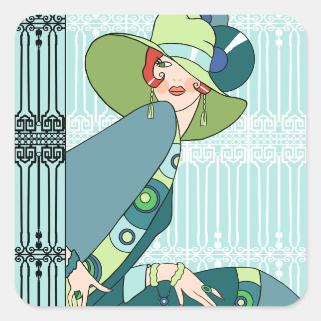 Shelby, 1920s Lady in Aqua and Teal Square Sticker (Front)