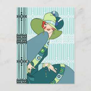Shelby, 1930s Lady in Aqua and Teal Postcard