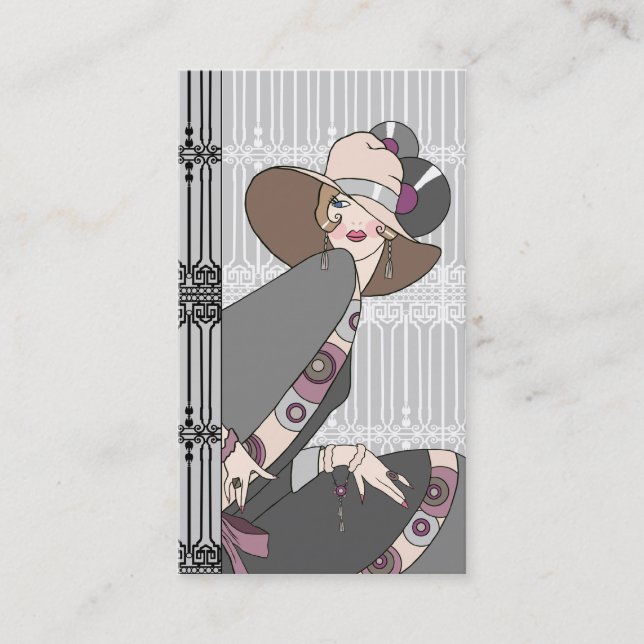 Shelby, 1930s Lady in Grey and Rose Business Card (Front)