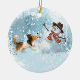 Sheldon the Sheltie and the Snowman Ceramic Tree Decoration