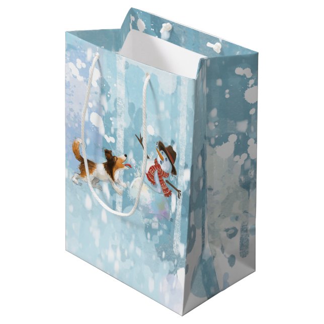 Sheldon the Sheltie and the Snowman Medium Gift Bag (Front Angled)