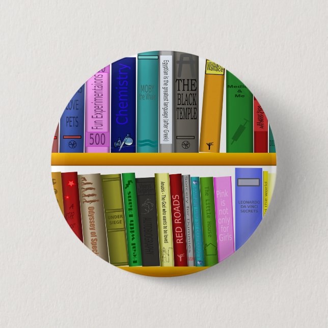 shelf books library reading 6 cm round badge (Front)